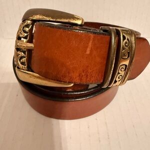 Charter Club Tan Italian Leather Belt with Ornate Brass Buckle